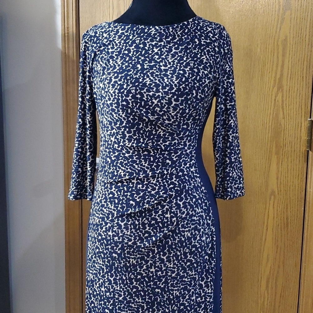 Lauren Ralph Lauren blue tan stretch 3/4 sleeve abstract dress